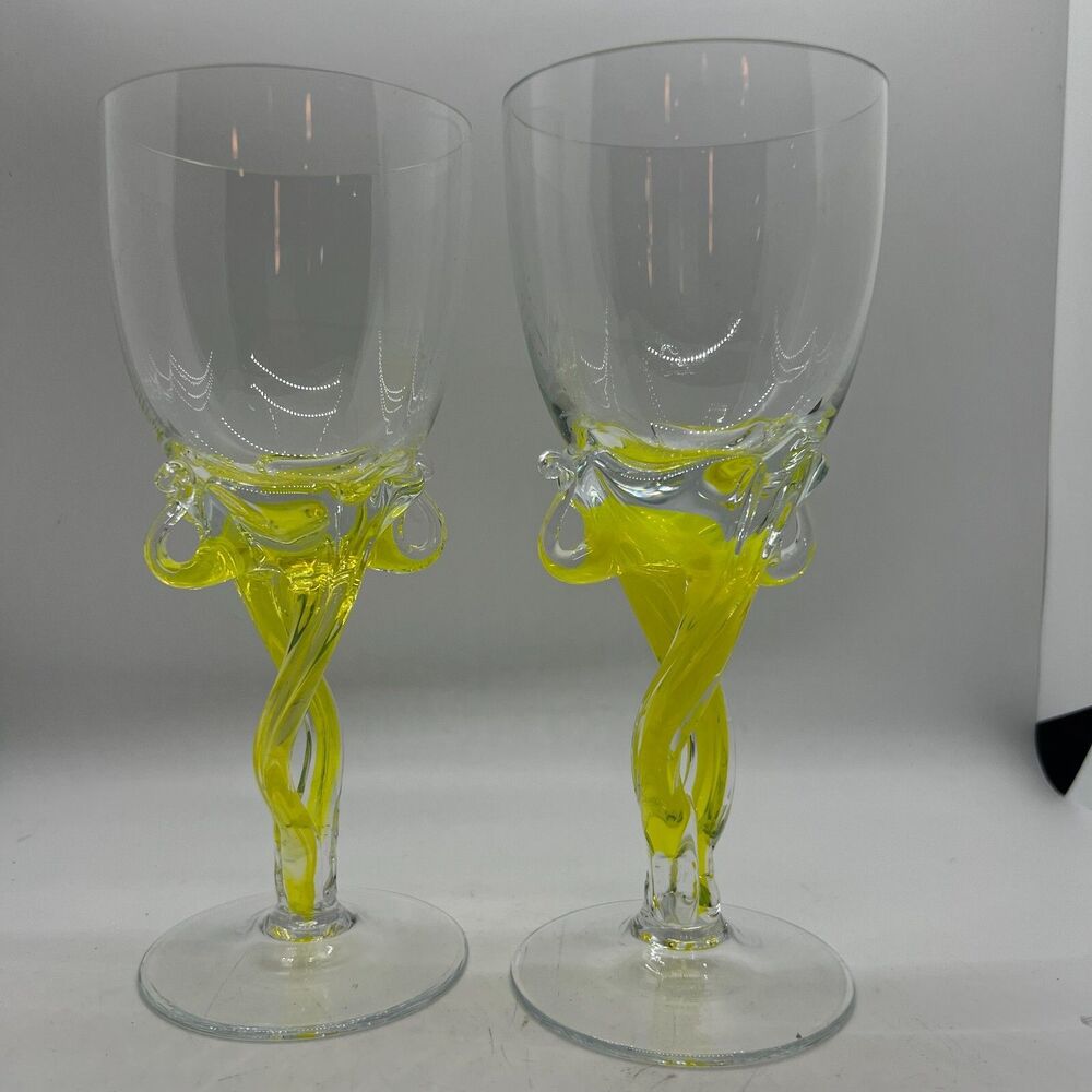 2 Vintage Jozefina Krosno Art Glass Twisted wine yellow Stem Water Goblet art